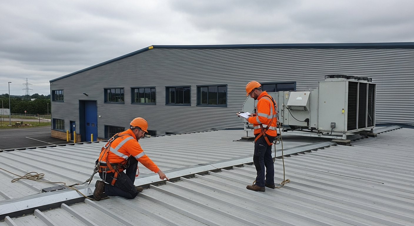 Two specialist commercial roofing contractors in orange high-visibility PPE inspecting a large UK industrial flat roof under an overcast sky.
