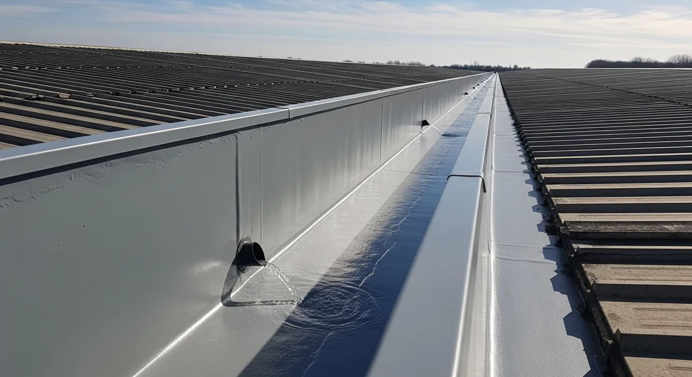 Commercial box gutter being inspected
