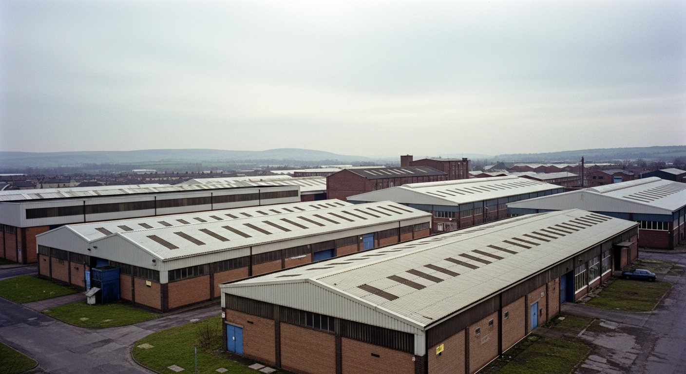Wide view of a typical 1980s South Yorkshire industrial estate with multiple large factory buildings featuring profiled metal flat roofs, with the Pennines on the horizon.